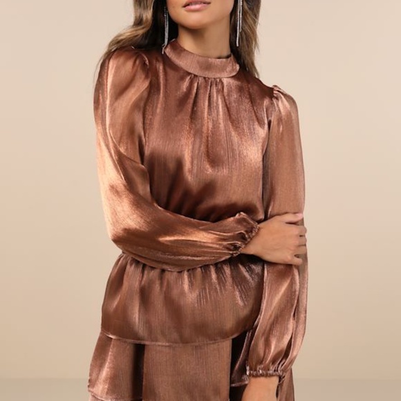 Lulus Dresses & Skirts - Lulus Ideal Behavior Bronze Metallic Backless Tiered Mini Dress Brown - Size M